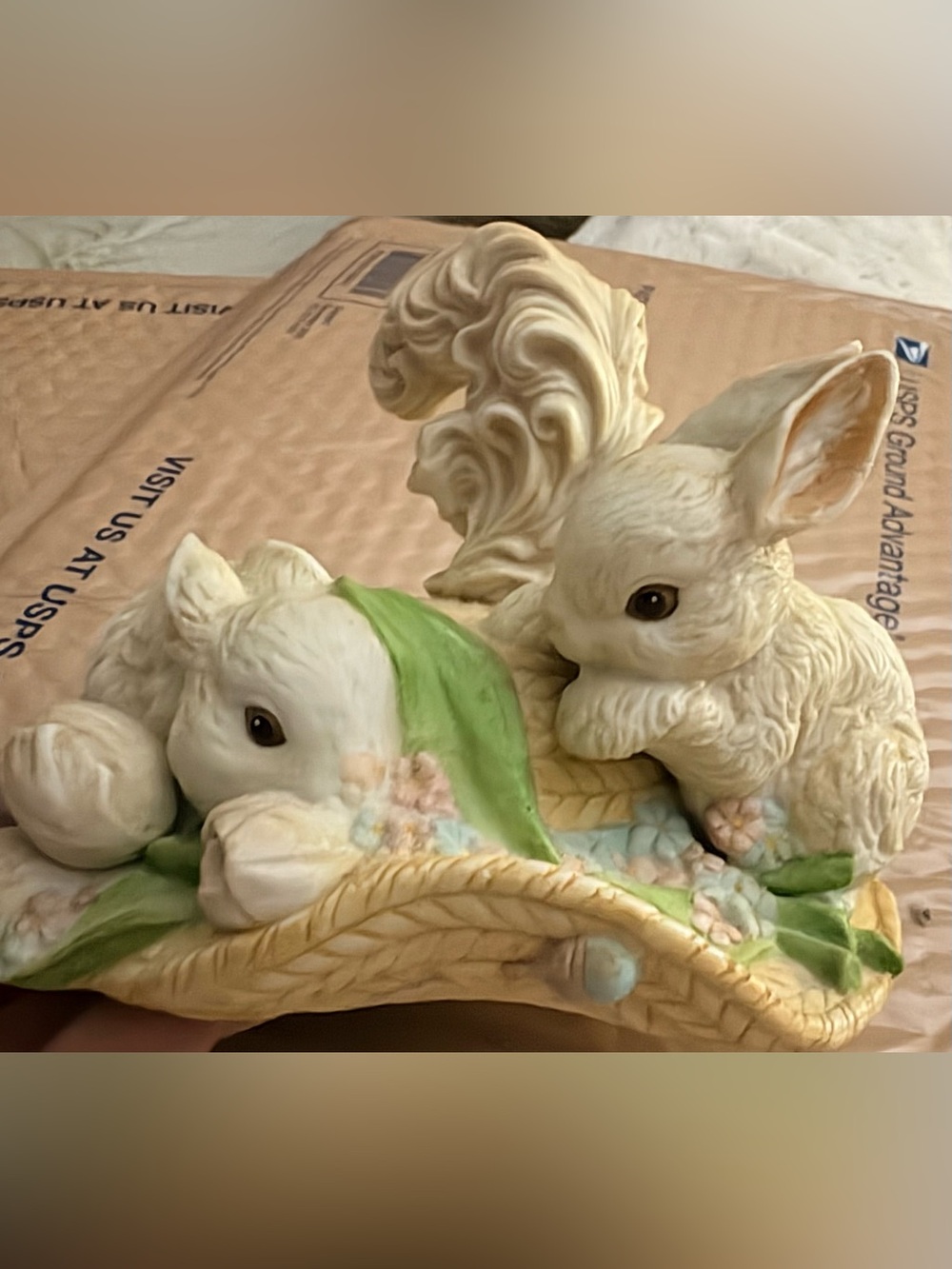 Enesco Cream and Green Bunny Pair Figurine